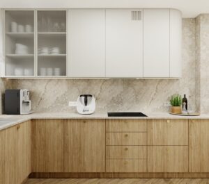 Wizualizacja projektu kuchni w naturalnych odcieniach drewna i beżu ze złotymi detalami – projektowanie wnętrz Szczecin, Home by Koja.