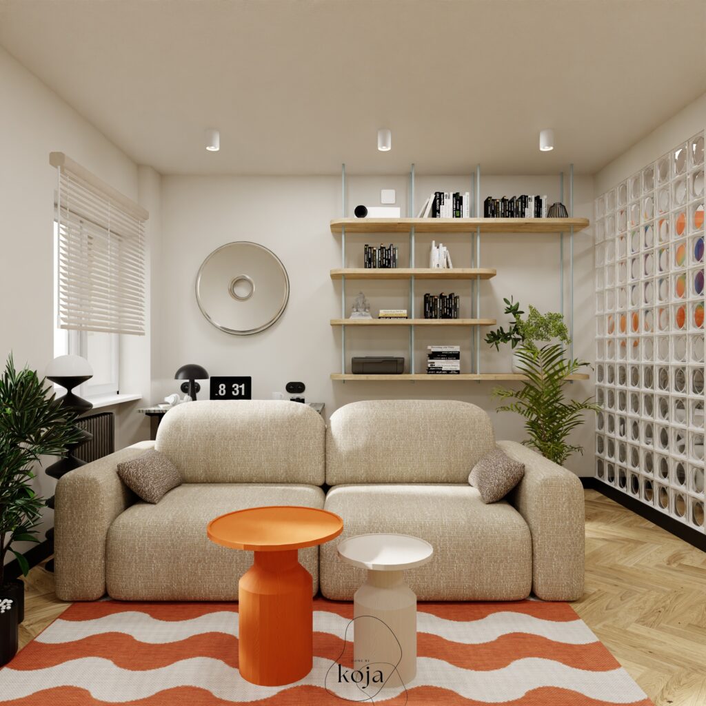 Wizualizacja salonu z wydzieloną strefą sypialnianą oddzieloną ścianą z luksferów – projekt kawalerki w Warszawie, Home by Koja.