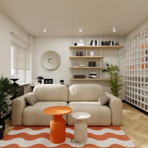 Wizualizacja salonu z wydzieloną strefą sypialnianą oddzieloną ścianą z luksferów – projekt kawalerki w Warszawie, Home by Koja.