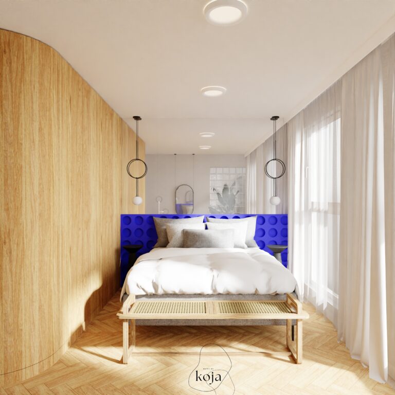 Wizualizacja nowoczesnej sypialni z jasnym drewnem i niebieskimi akcentami – projekt mieszkania na wynajem we Wrocławiu, Home by Koja.